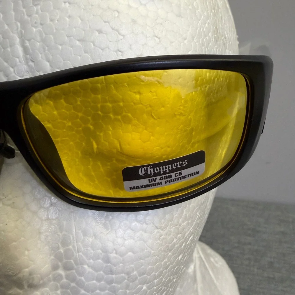 Choppers Sunglasses Mens OS Matte Black Yellow Lens Biker Riding Wrap Glasses